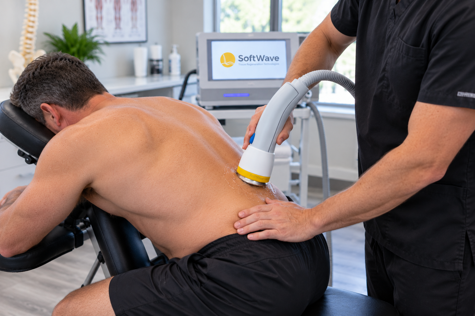 Clinician applying SoftWave therapy to a patient's lower back for sciatica