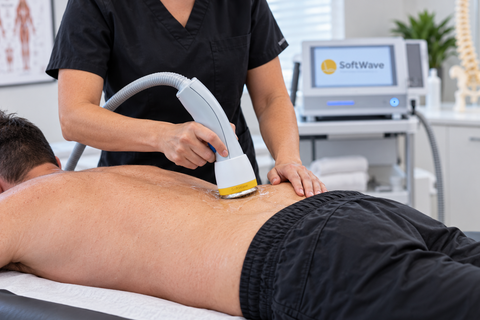 Clinician checking in with a patient during SoftWave treatment