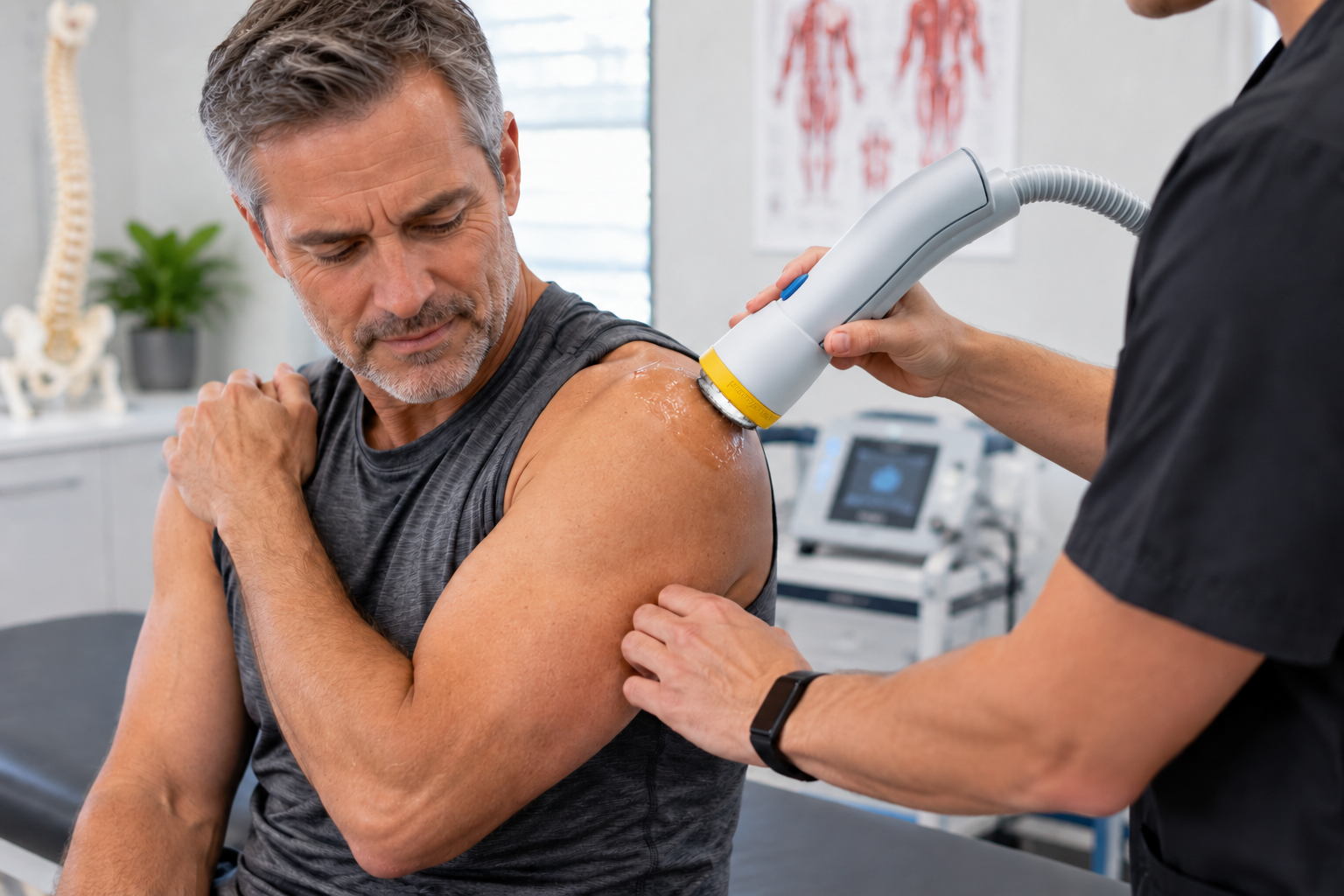 Patient receiving SoftWave shockwave therapy to the shoulder for rotator cuff pain
