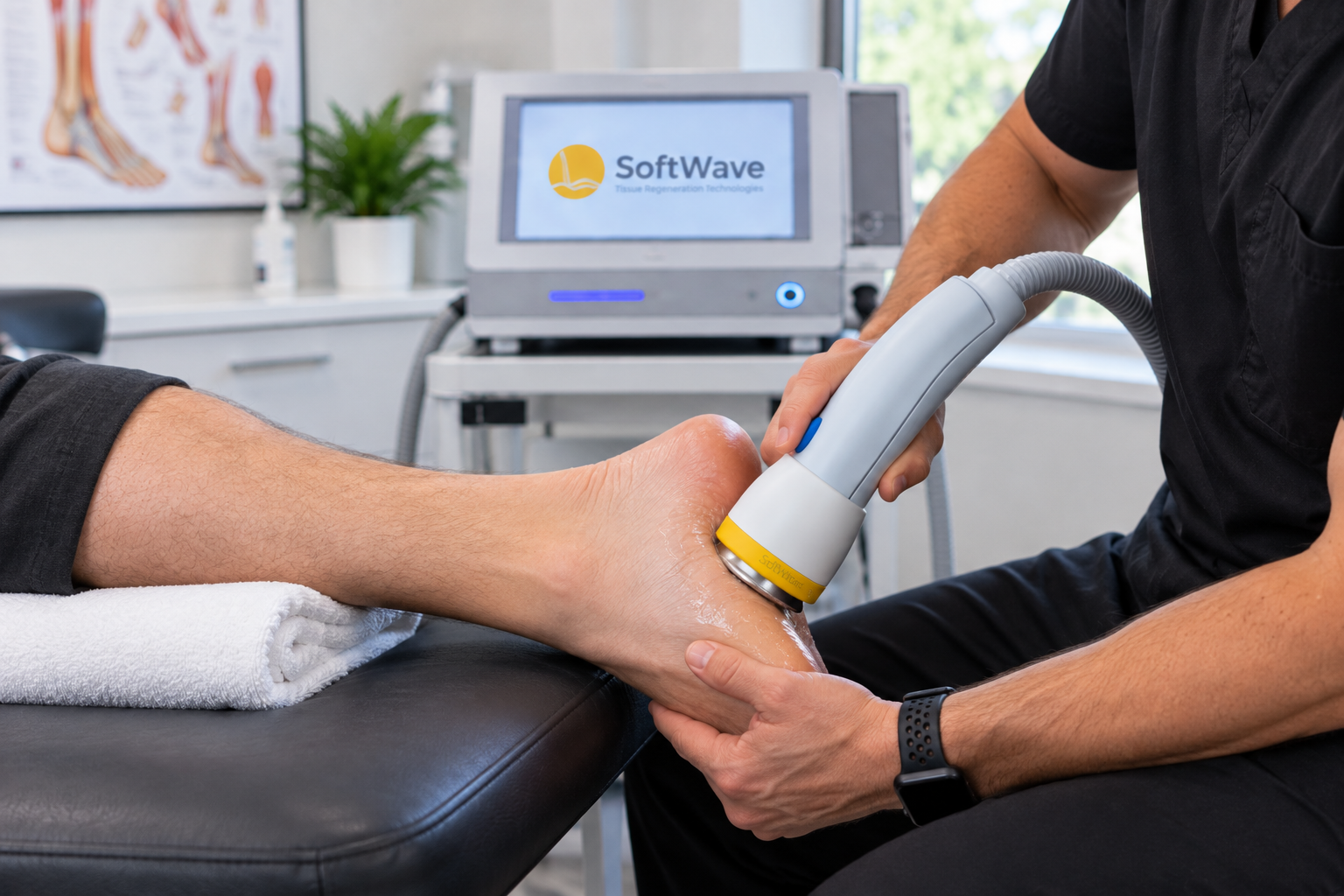 SoftWave applied to a patient's heel for plantar fasciitis