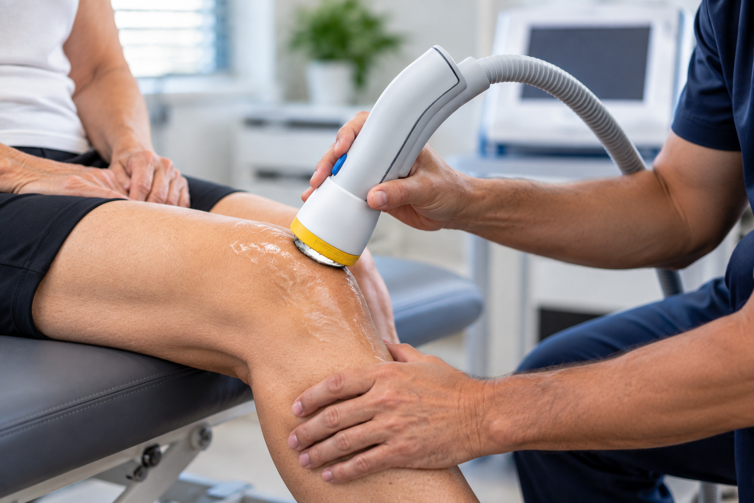 Clinician applying SoftWave shockwave therapy to a patient's knee for arthritis and chronic knee pain