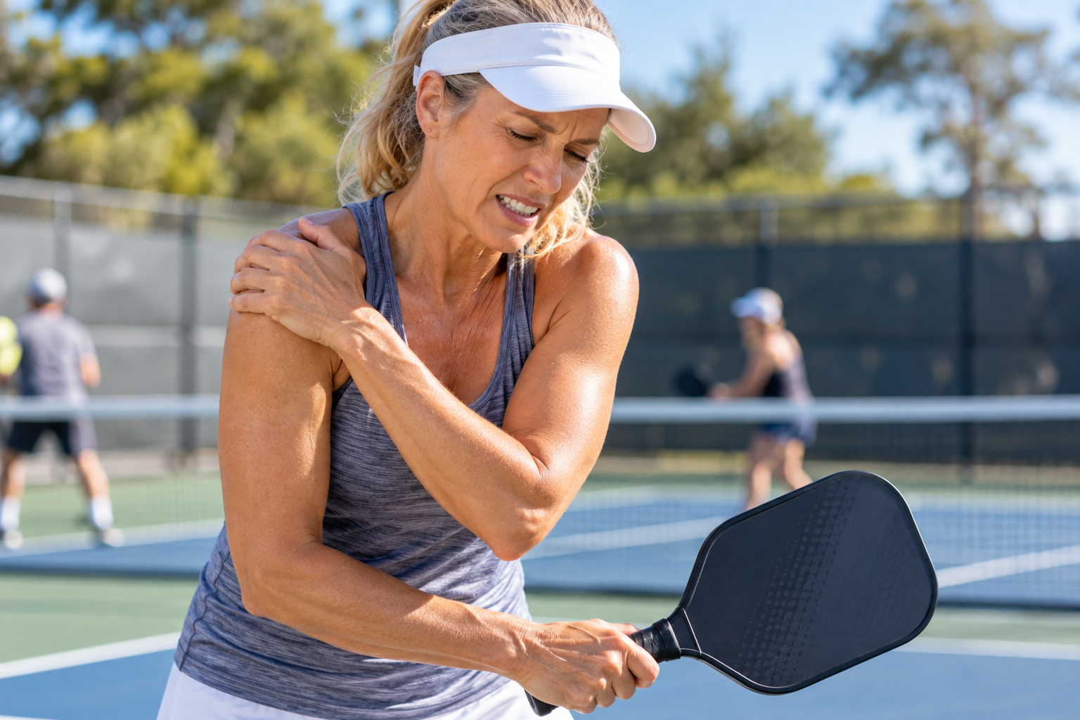 Pickleball player holding her sore shoulder while gripping a paddle on an outdoor court